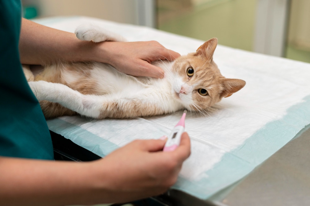 Consultation vétérinaire avec prise de température d’un chat roux et blanc