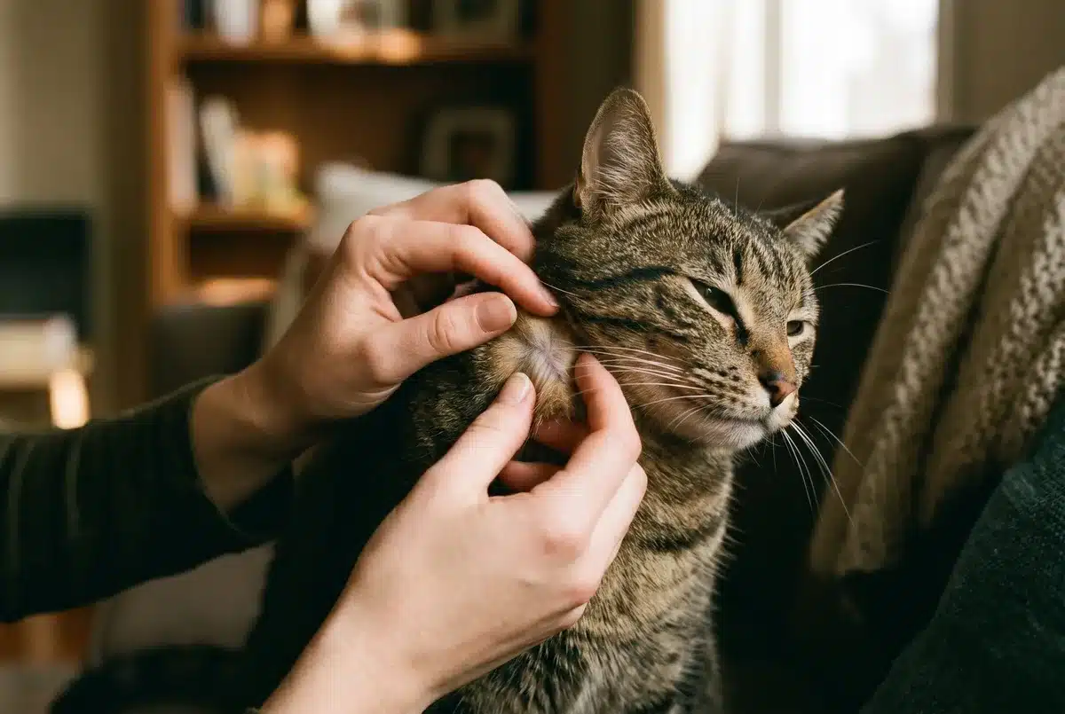 Mains parties la fourrure d'un chat tigré pour vérifier sa peau et détecter un abcès