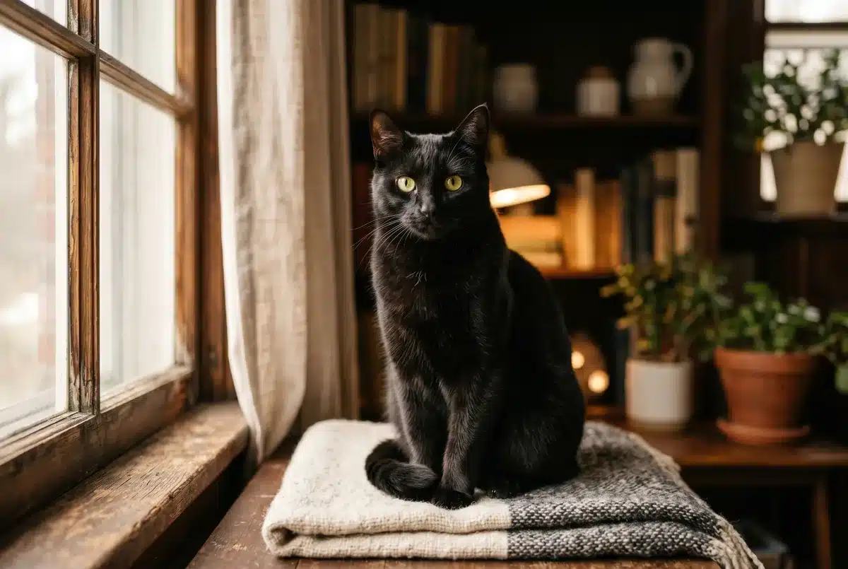 Chat noir signification spirituelle Chat noir assis pres d'une fenetre, symbole de mystere et de protection