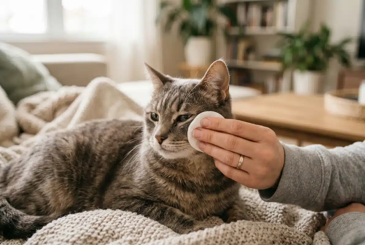 Personne nettoyant doucement le contour de l'oeil d'un chat tigré gris