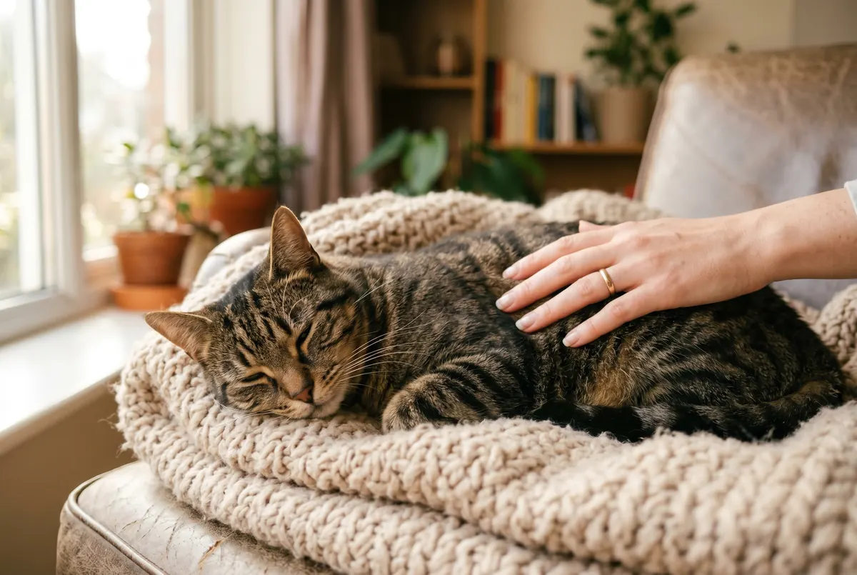 Diarrhée du chat – chat fatigué réconforté à la maison Chat fatigué réconforté sur un plaid, soigné à la maison