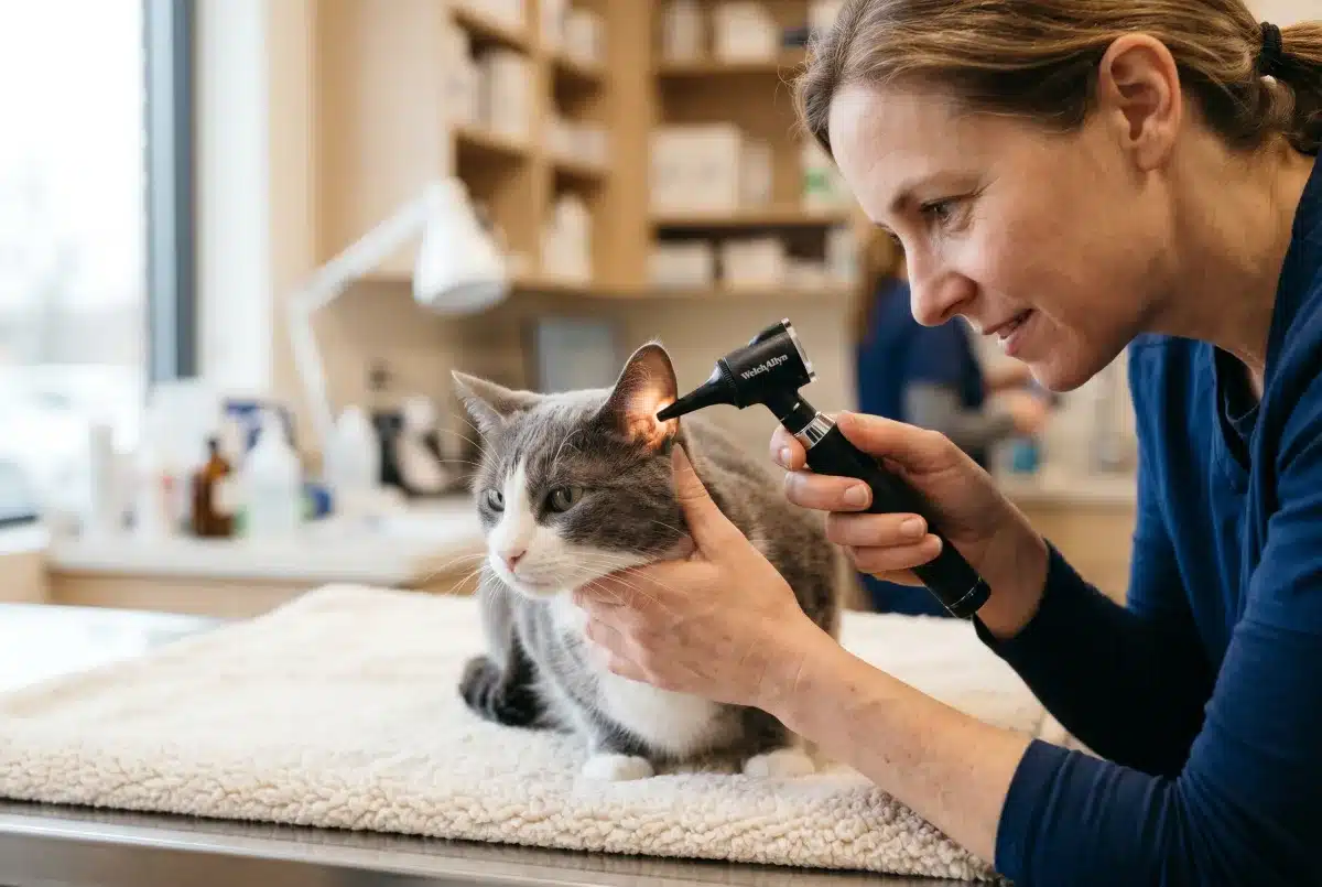 Veterinaire examinant l oreille d un chat a l otoscope en clinique veterinaire