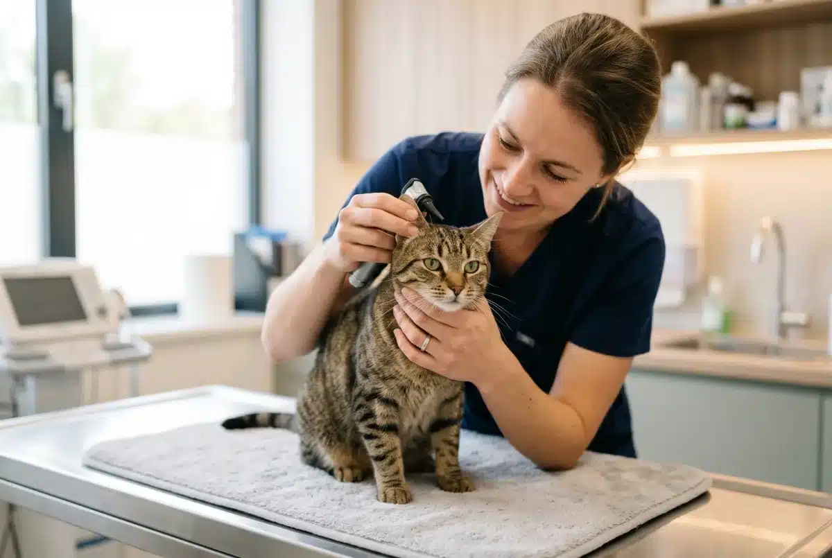 Veterinaire examinant l oreille d un chat tigre avec un otoscope en clinique