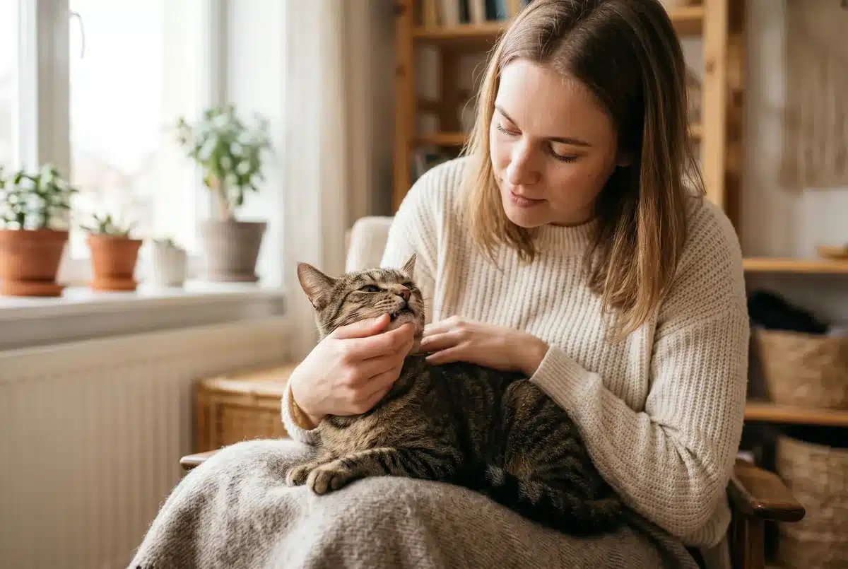 Personne tenant doucement le menton d'un chat tigré calme près d'une fenêtre