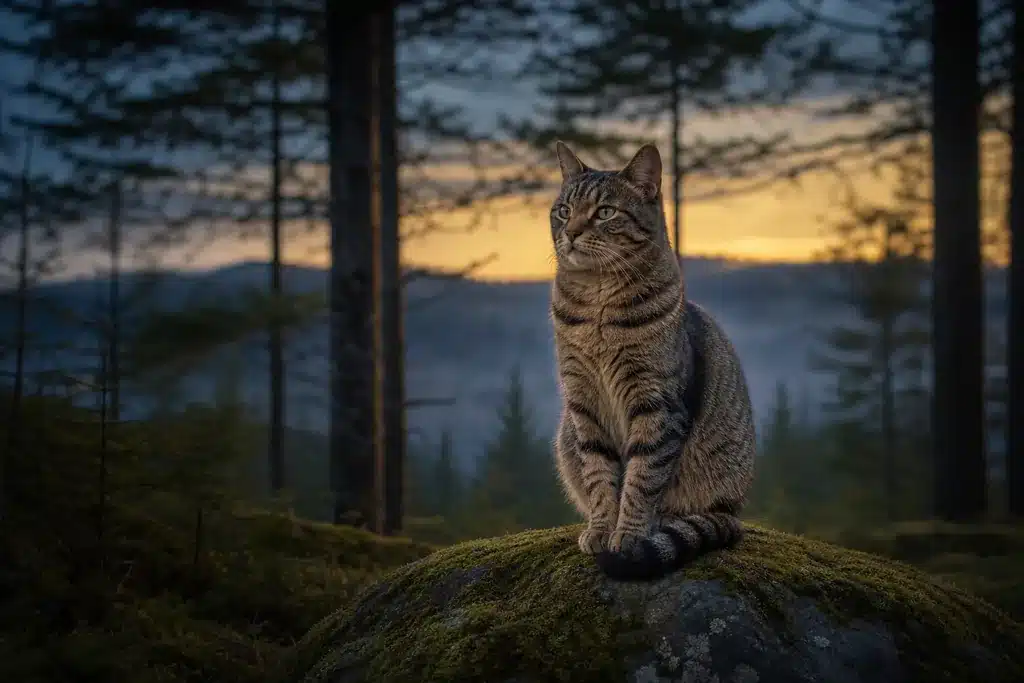 Chat tigré seul sur un rocher moussu au crépuscule Chat tigré assis seul sur un rocher moussu dans une forêt au crépuscule, illustration de l'indépendance du chat