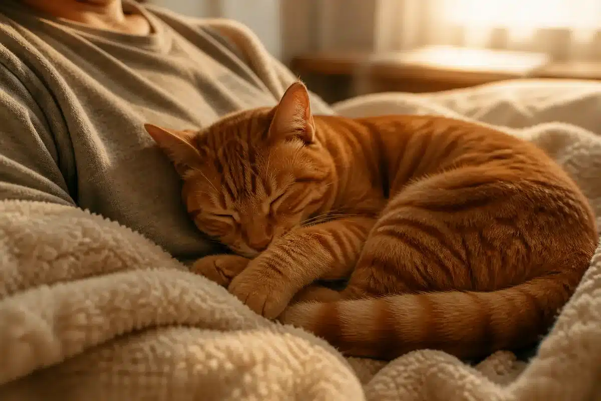 chat-dort-sur-moi.webp Chat roux endormi lové contre une personne sous une couverture