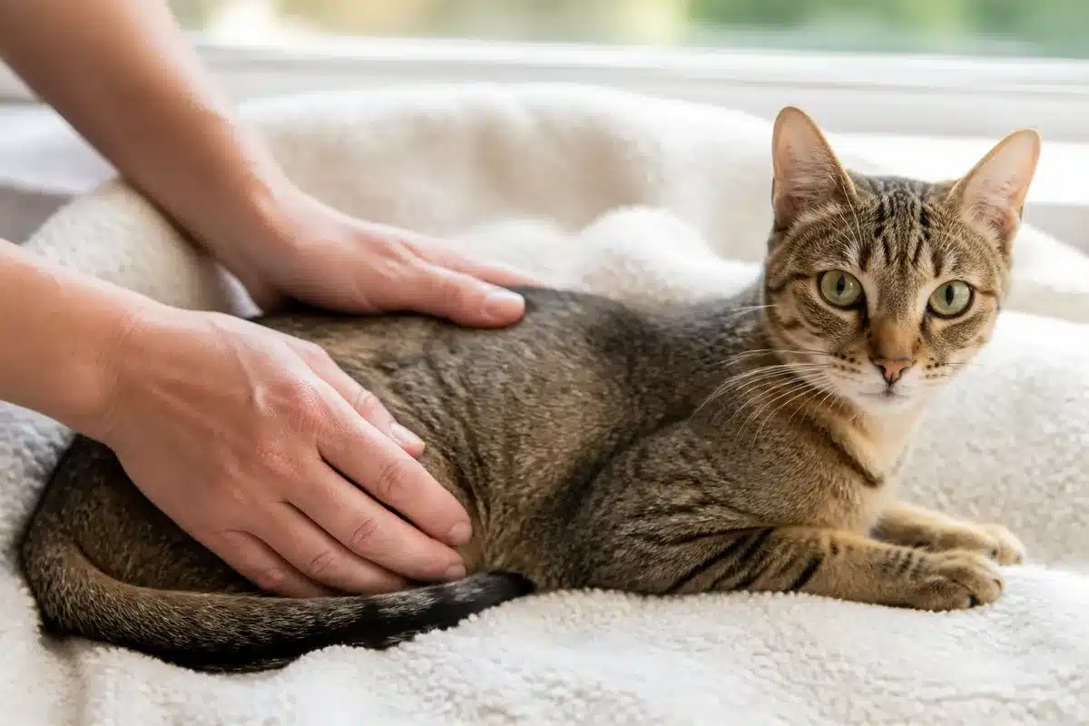Mains vérifiant l'état corporel d'un chat tigré élancé posé sur une couverture