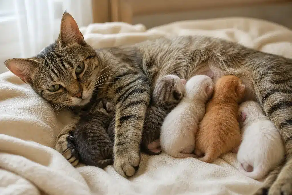 combien-de-chatons-par-portee.webp Chatte tigrée allaitant sa portée de chatons de couleurs variées