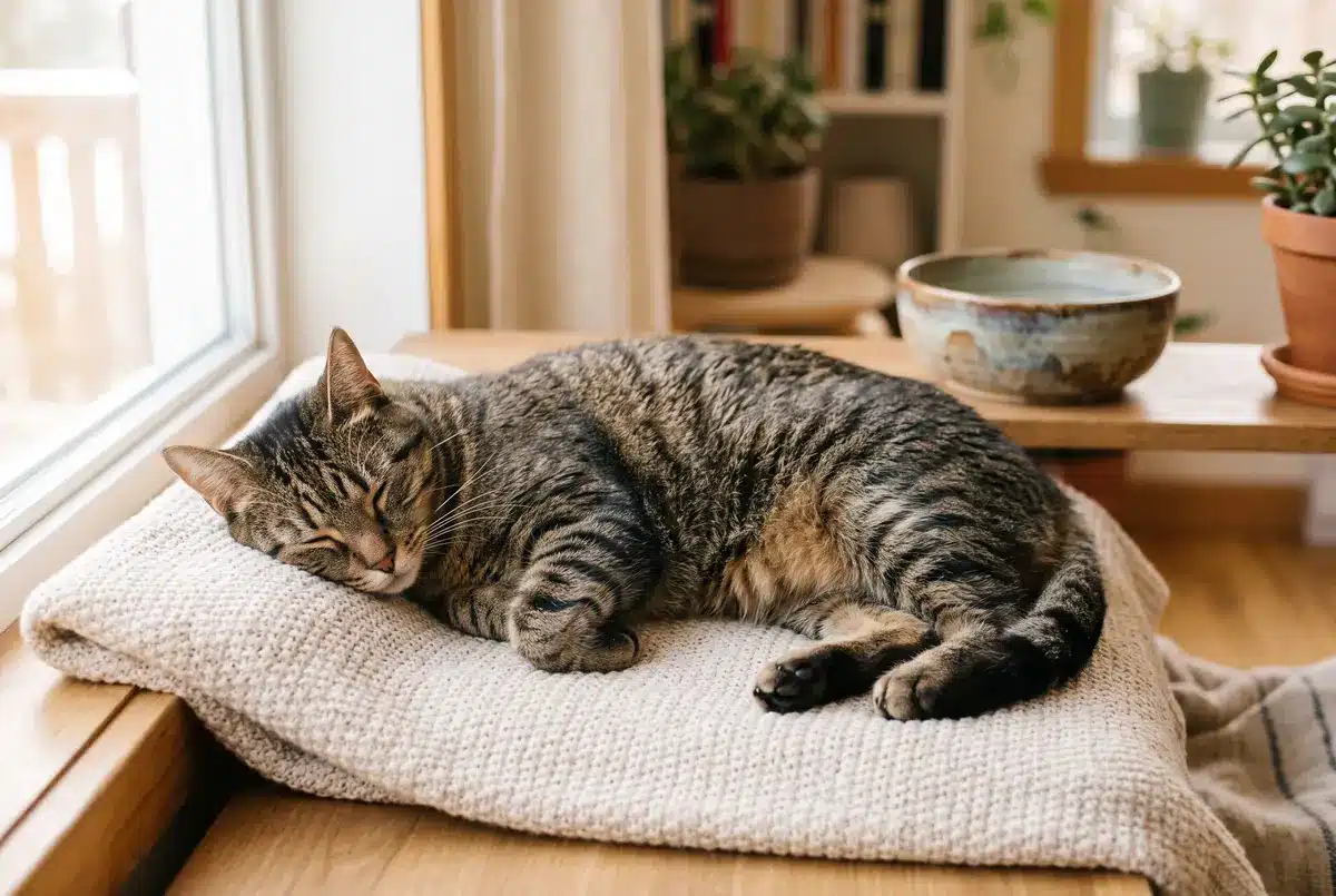 Chat tigré adulte au repos près d’une gamelle d’eau, sujet au diabète félin