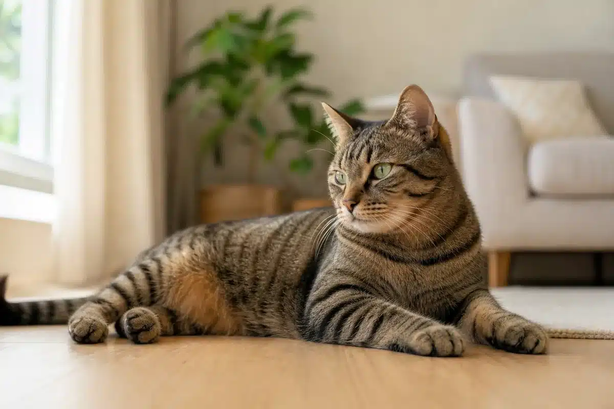 asthme-du-chat Chat tigré brun allongé sur un parquet clair dans un salon, flanc et cage thoracique bien visibles