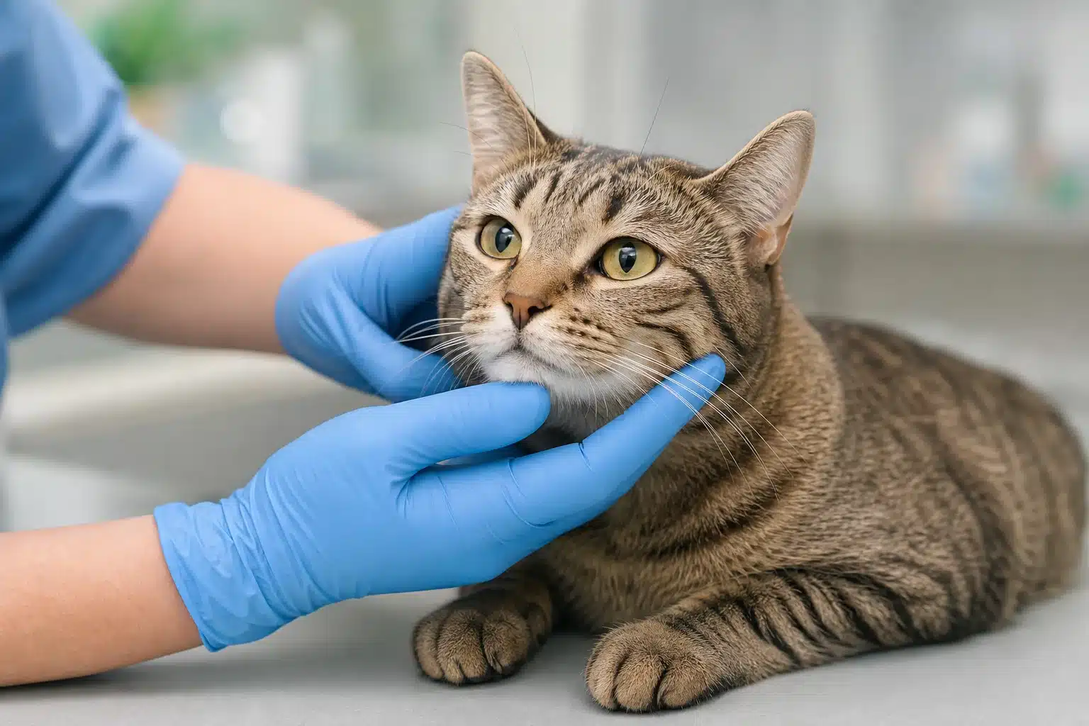 Chat tigré examiné par un vétérinaire ganté lors d'un contrôle de la bouche