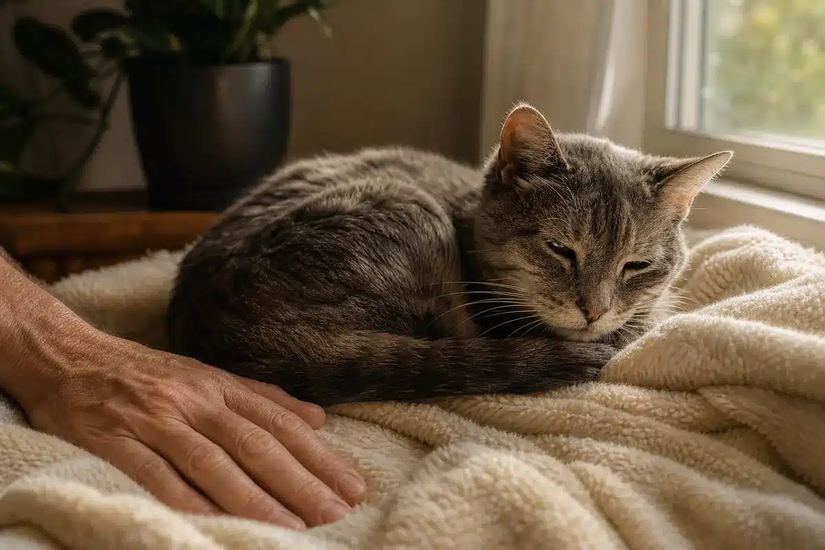 Chat tigré gris âgé roulé en boule sur une couverture crème près d'une fenêtre, une main posée à côté de lui