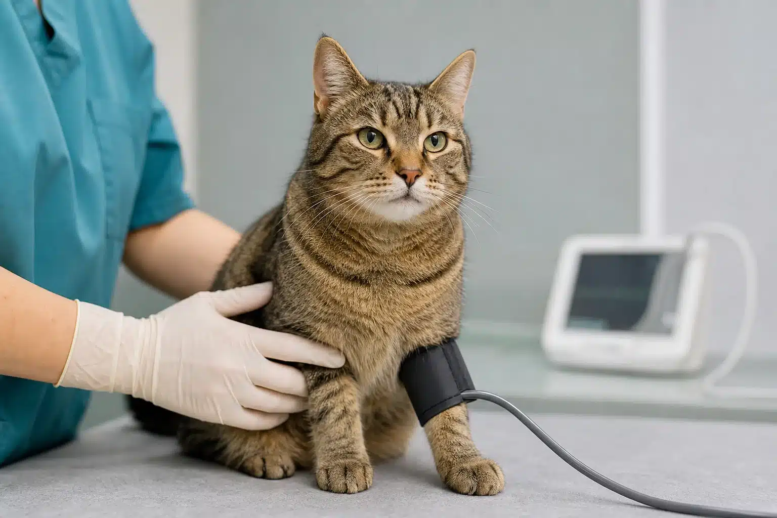 Hypertension du chat Chat tigré assis sur une table de consultation, un brassard de tension posé sur sa patte avant, tenu par une vétérinaire gantée