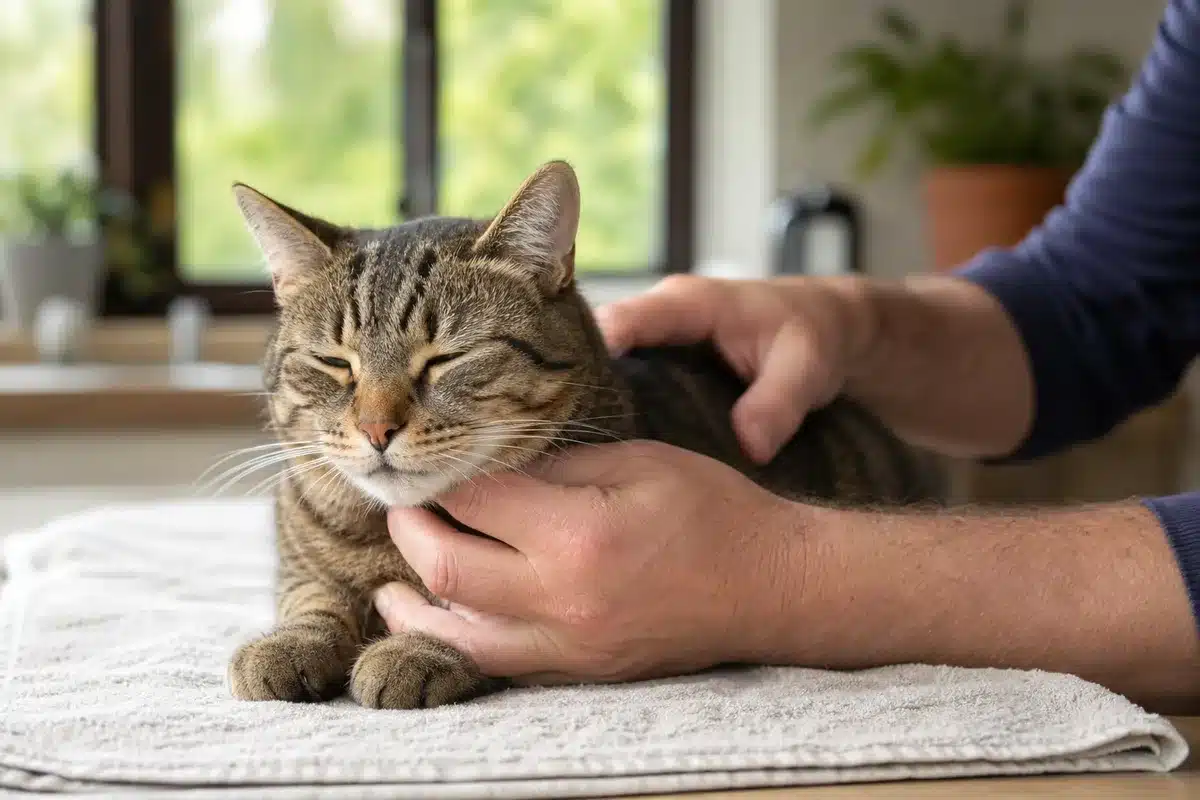Un chat tigré allongé sur une serviette claire, maintenu doucement par les mains d'une personne, dans une pièce éclairée par la lumière du jour