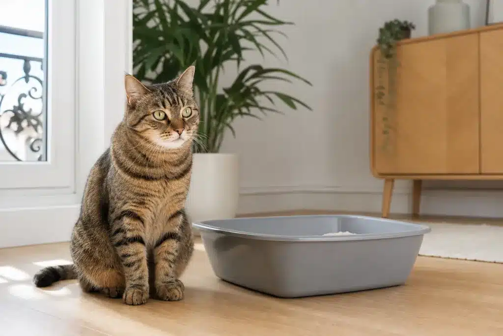 Chat tigre assis à côté d'une litière propre dans un salon lumineux