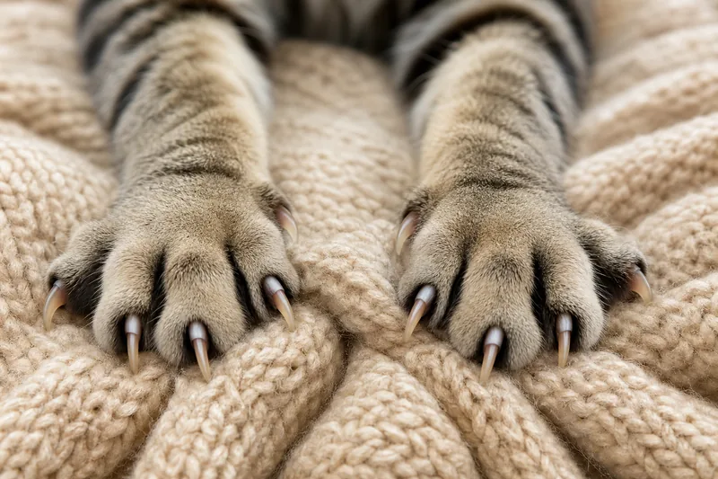Gros plan sur les deux pattes avant d'un chat tigré posées sur une couverture en grosse laine beige, doigts écartés et griffes sorties enfoncées dans les mailles