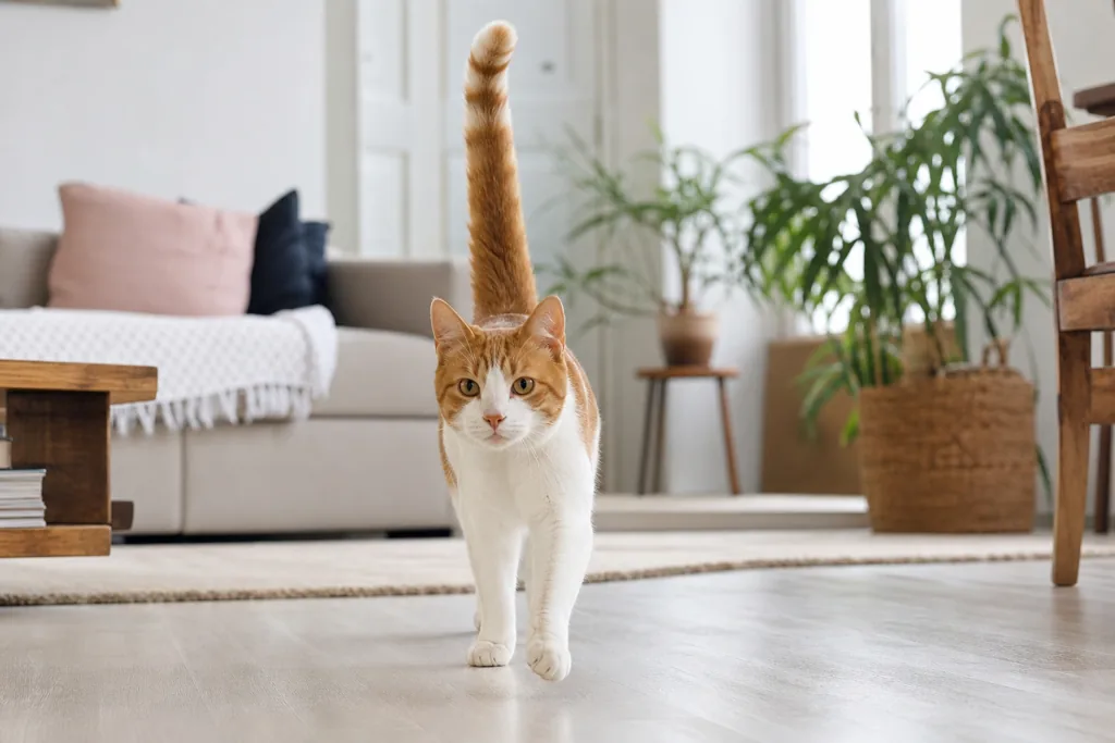 Chat roux et blanc marchant vers l'objectif, la queue dressée à la verticale