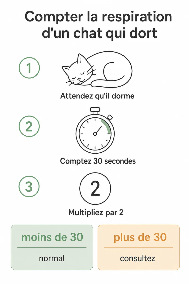 Infographie en trois étapes : attendre que le chat dorme, compter 30 secondes, multiplier par deux, avec le seuil de 30 mouvements par minute
