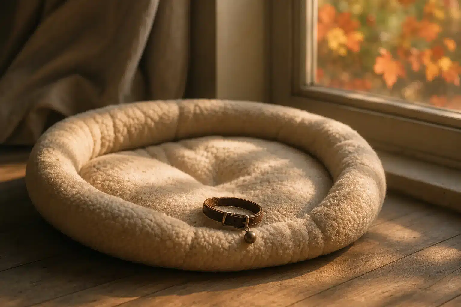 Coussin de chat vide près d'une fenêtre, avec un collier posé dessus