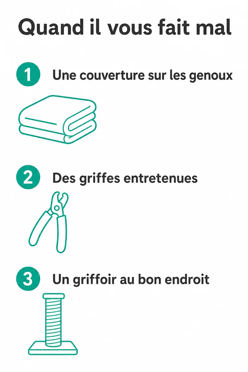 Infographie en trois etapes : une couverture sur les genoux, des griffes entretenues, un griffoir au bon endroit, avec les pictogrammes correspondants