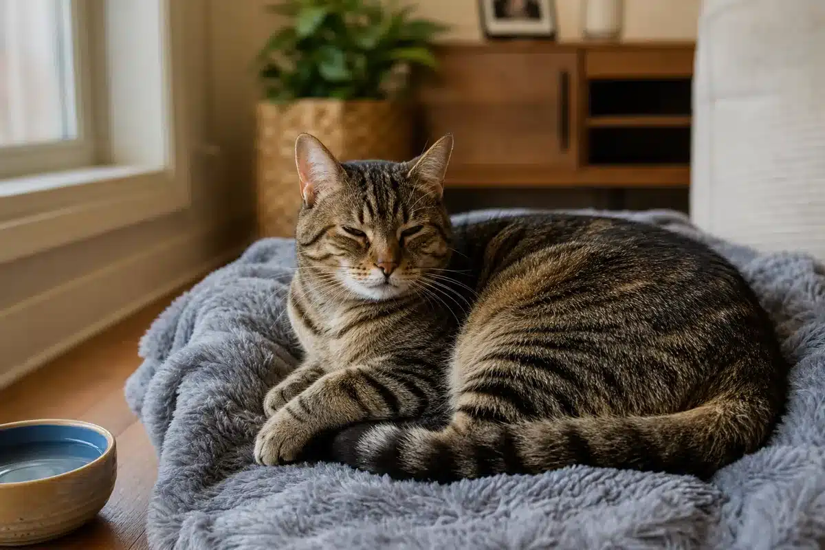 Chat tigré brun allongé sur une couverture grise, une gamelle d'eau posée à côté
