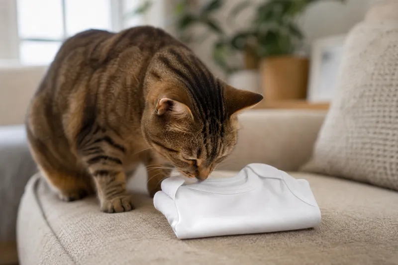 Chat tigré brun reniflant un petit body de bébé blanc plié sur un coussin de canapé beige