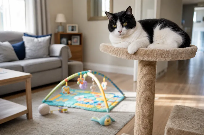 Chat noir et blanc couché au sommet d'un arbre à chat, au-dessus d'un tapis d'éveil de bébé posé au sol