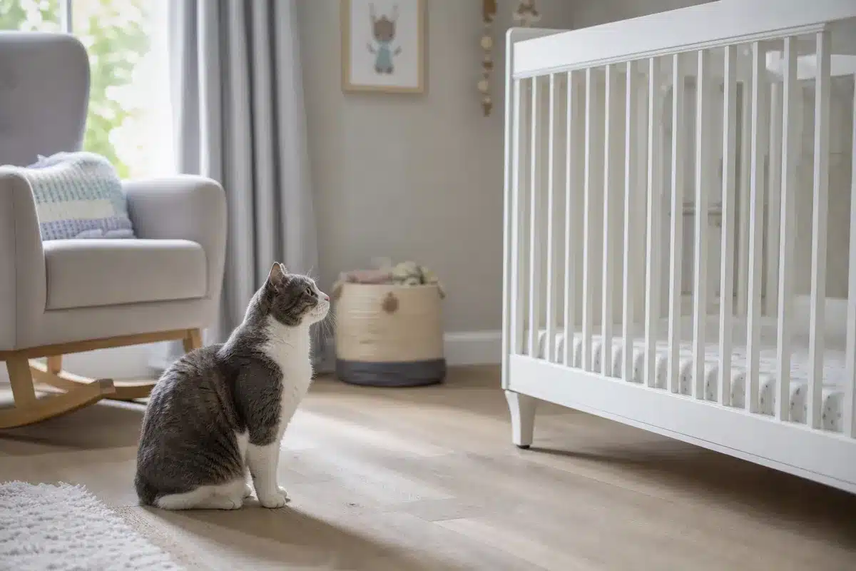 Chat gris et blanc assis sur le parquet d'une chambre de bébé, regardant un lit à barreaux blanc vide