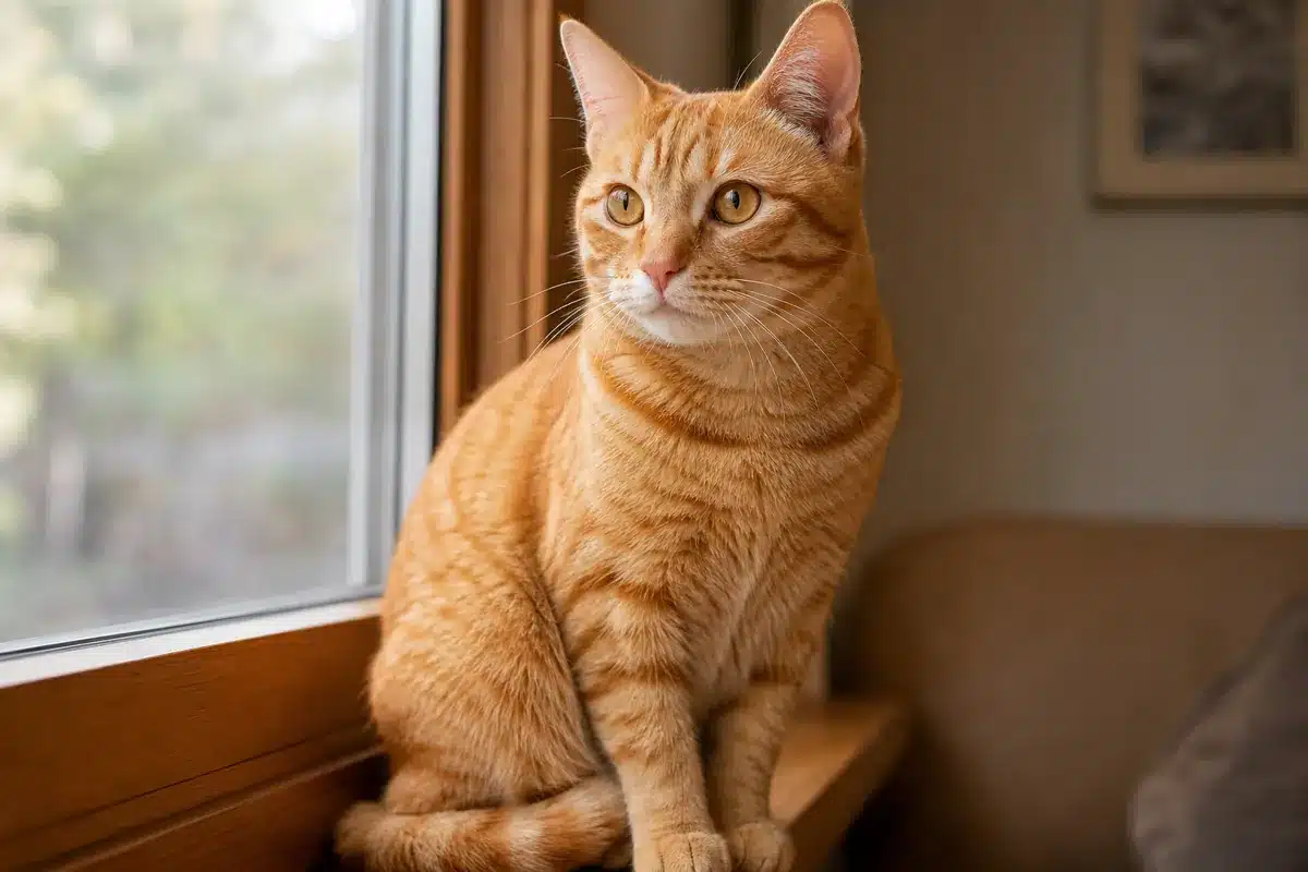 chat-roux Chat roux tigré adulte assis sur le rebord d'une fenêtre, le pelage orange marqué de rayures plus foncées, les yeux ambrés tournés vers l'extérieur