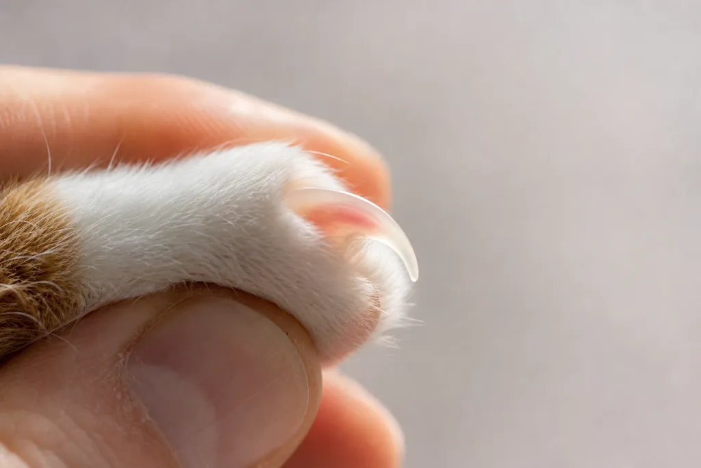 Doigt de chat blanc et roux tenu entre deux doigts, griffe claire sortie et éclairée par l'arrière : pointe translucide, partie rosée près de la base