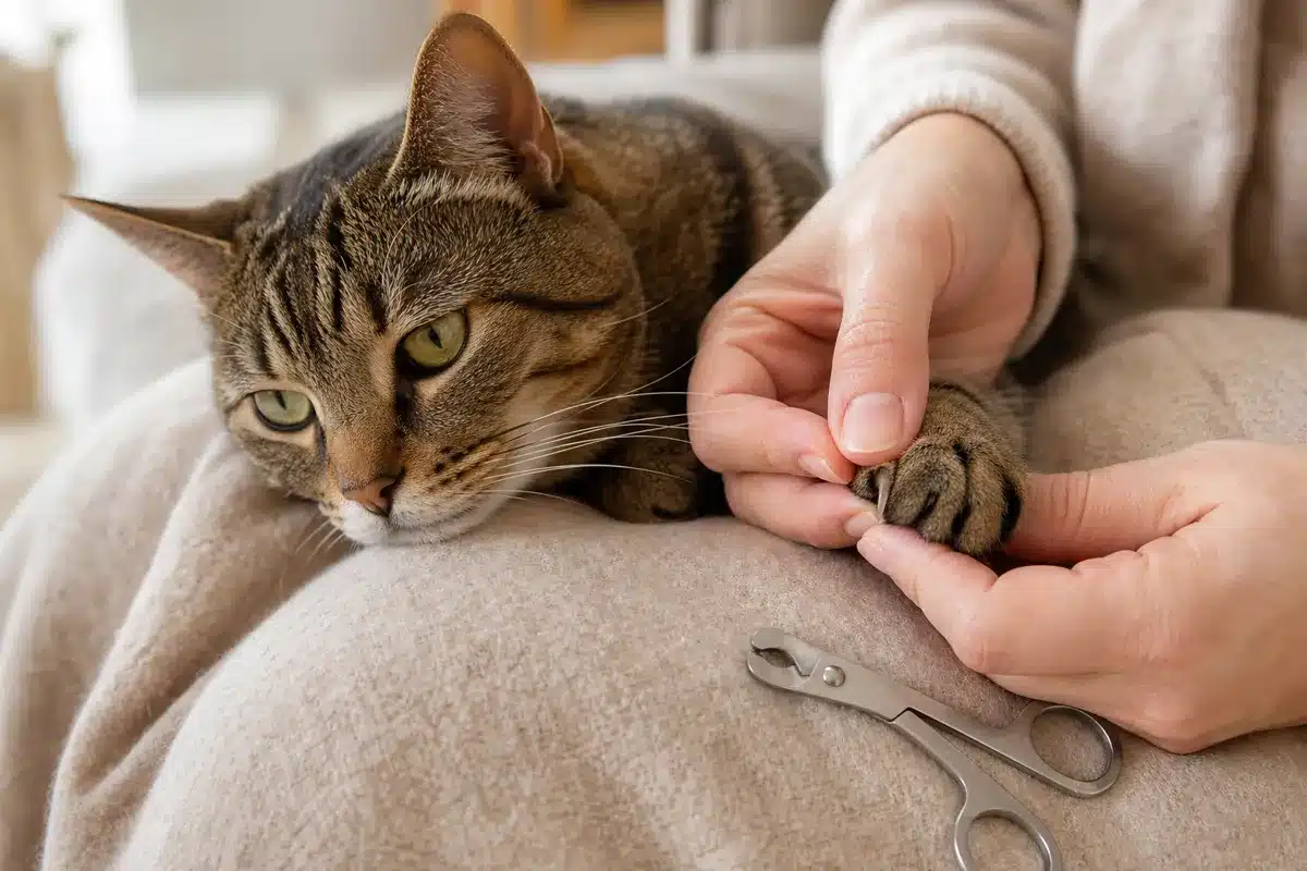 Chat tigré détendu sur les genoux de son humain, qui lui tient doucement une patte avant à côté d'un petit coupe-griffe