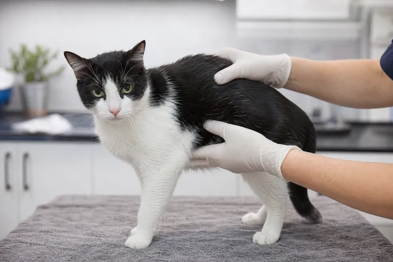 Mains gantées palpant le ventre d'un chat noir et blanc debout sur une table d'examen