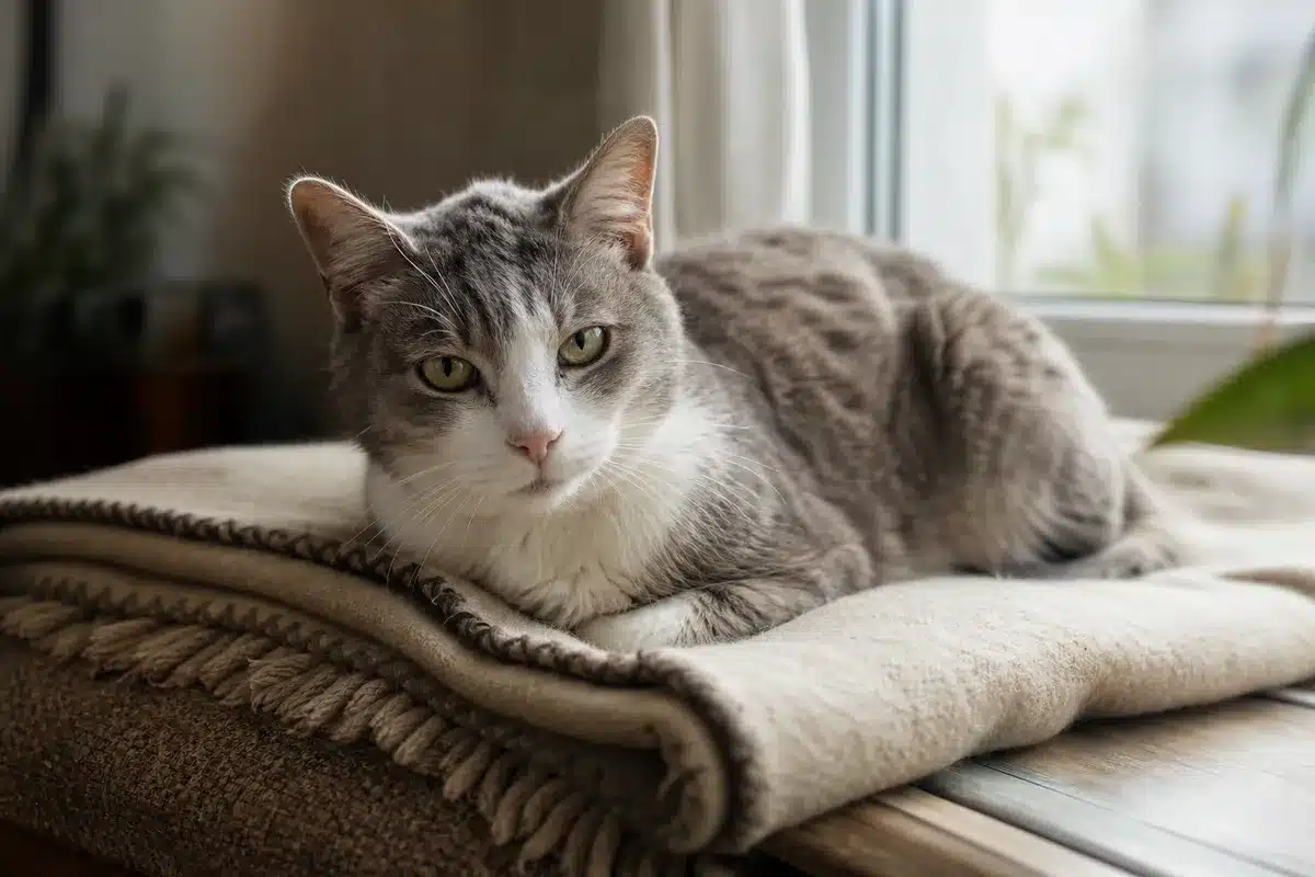 Chat gris et blanc couché sur une couverture beige près d'une fenêtre